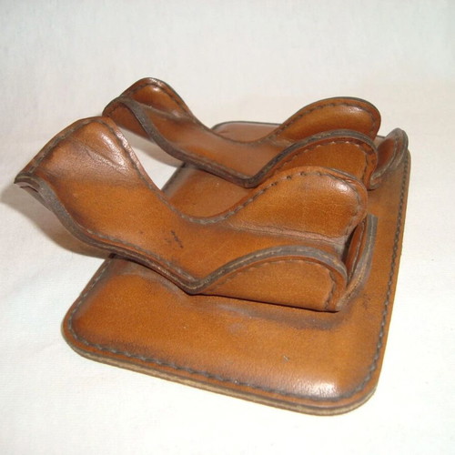 Vintage pipe stand for two tobacco pipes used, genuine leather