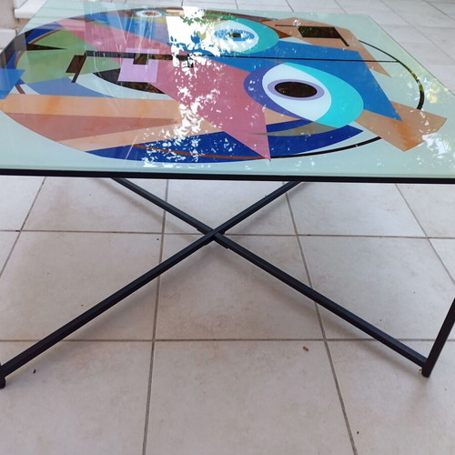 Modern deco coffee table with colored glass and iron, Bowie Bauhaus White by Jack Smith, like new