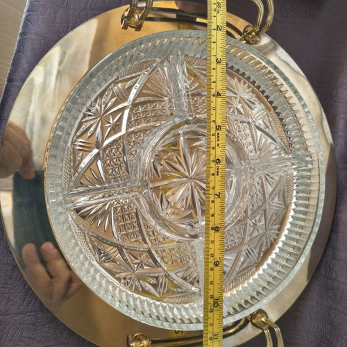 Vintage serving set with crystal platter and gold tray