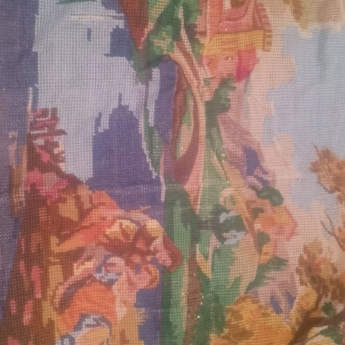 Embroidery on canvas used with castle and river