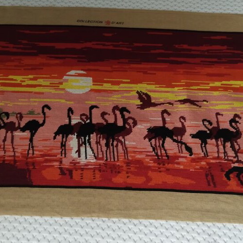 Handmade embroidery flamingo at sunset textile panel like new