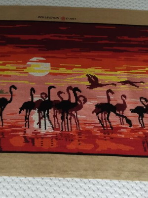 Handmade embroidery flamingo at sunset textile panel like new