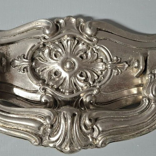 Large Italian door handle used, silver antique with embossed motifs
