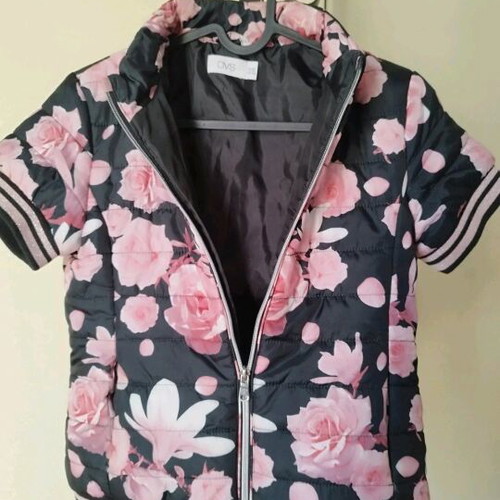 OVS short-sleeve jacket like new, black with pink flowers, age 12-13
