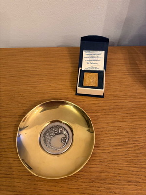 Decorative set of 2 used, brass Lalaounis plate and gold-plated Post Collection stamp