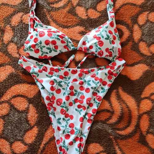 High-waisted swimsuit L with cherries like new, white and red