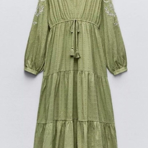 Khaki maxi dress Zara like new with embroidery on sleeves