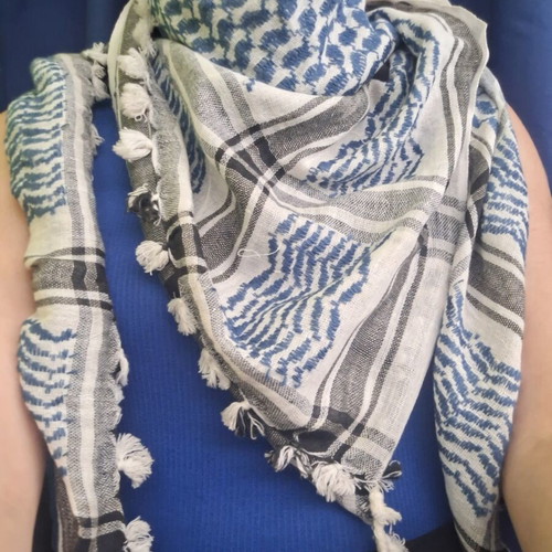 Palestinian-style scarf new, 1.55m x 1.55m, white and blue