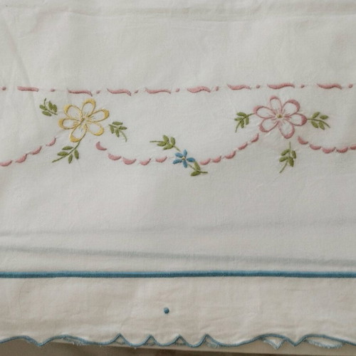 Handmade Double Bed Sheet Set with Pillowcases, Floral Embroidery, Like New