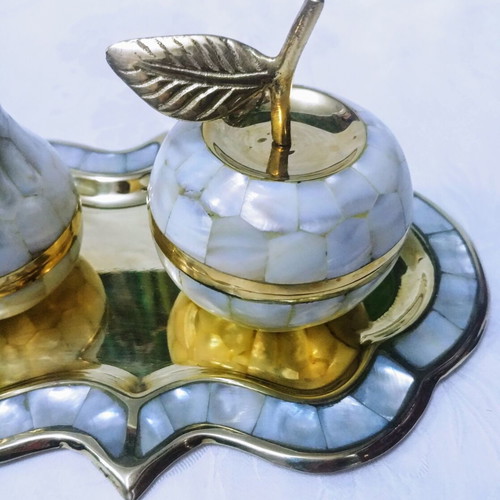 Brass and mother of pearl inlaid tray with used jewelry boxes from India 60s