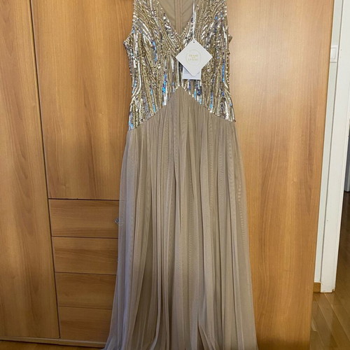 Official long dress new, beige with gold and silver sequins
