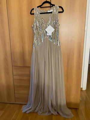 Official long dress new, beige with gold and silver sequins
