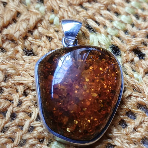 Vintage silver 925 handmade pendant with large Baltic amber stone used