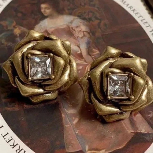 Vintage Gold Tone Rose Stud Earrings with Crystal