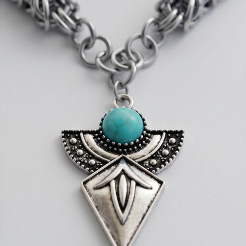 Steel necklace with boxmail chain and turquoise pendant, new