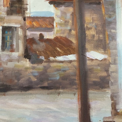 Artwork on canvas with stone house theme like new
