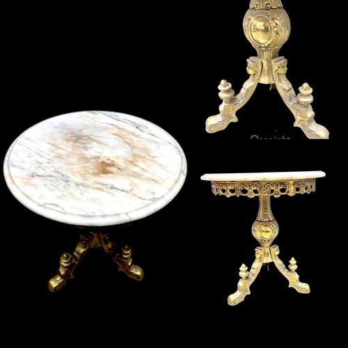 Vintage brass coffee table with marble top used