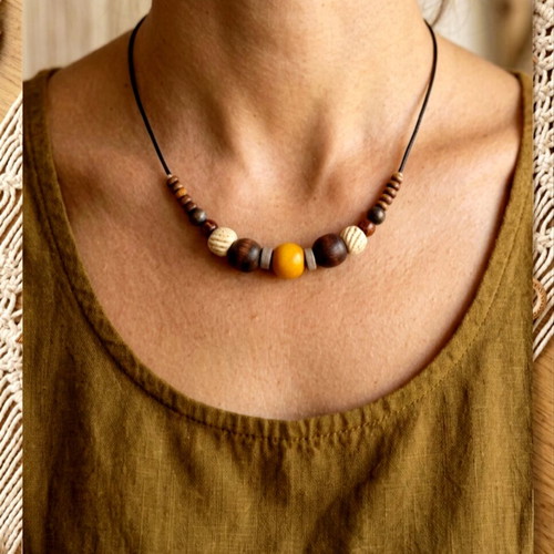 Boho short handmade necklace with ceramic, wooden beads and tiger eye