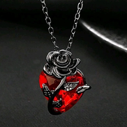 Women's necklace heart with rose new, red stone
