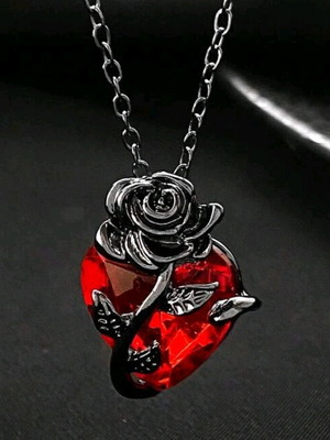 Women's necklace heart with rose new, red stone