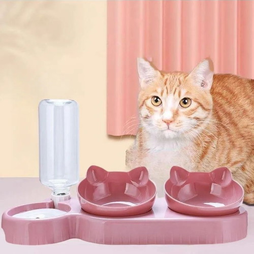 Cat and dog food and water bowl "Let's share a meal-Pink" new