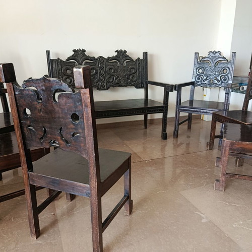 Skyrian living room set, handcrafted walnut wood with carved Byzantine eagle design