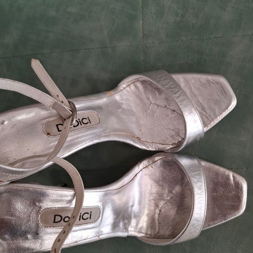 Silver sandals with multicolor rhinestones on heel new, size 38