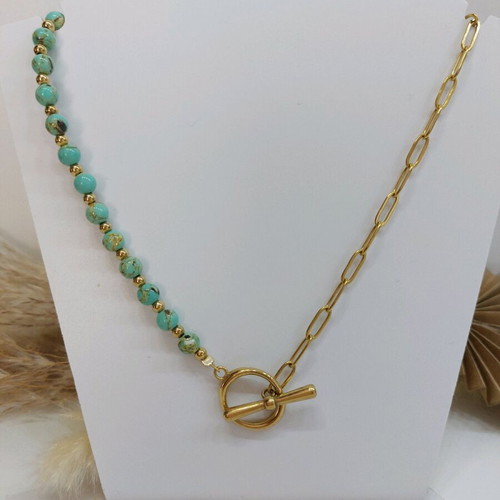 Nephrite semi-precious stone necklace with steel elements new