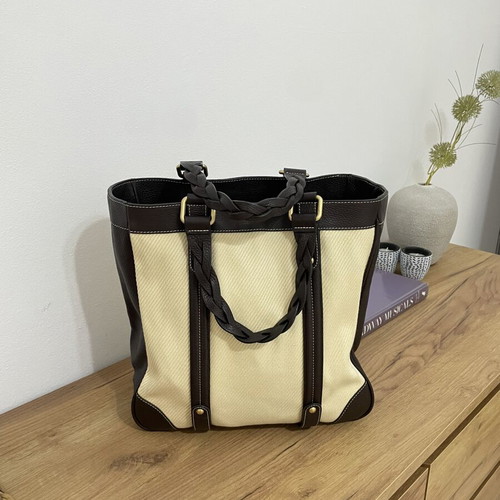 Massimo Dutti leather and cotton tote bag, dark brown and ecru
