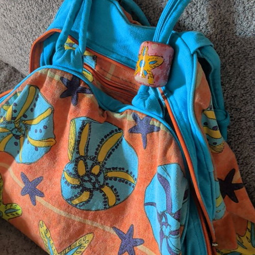 Canvas beach shoulder bag with matching pareo, turquoise and orange