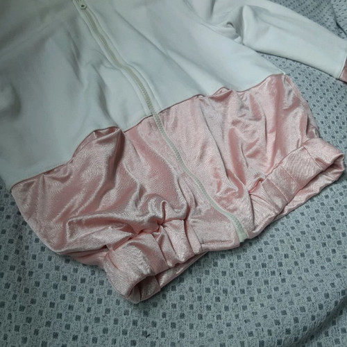 Tag Modest Clothing cardigan M used, white with pink satin details