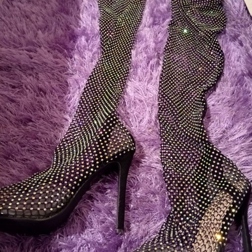 Knee-high boots new, size 39, mesh with rhinestones, 12cm heel