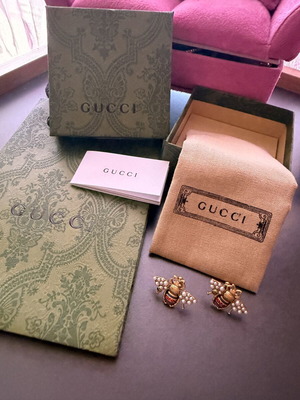 Gucci Bee Earrings 14K Gold Plated with Pearls and Red Crystals