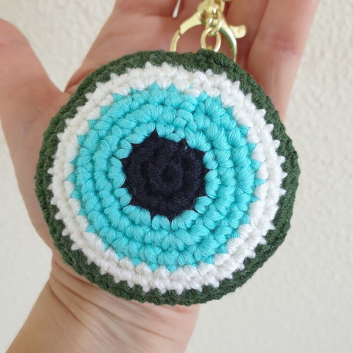 Charm keychain mint eye with olive green crochet handmade, new