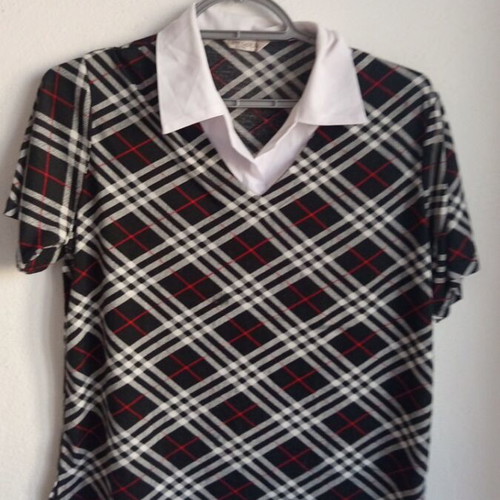 Women's Polo Shirt with Plaid Pattern and White Collar new
