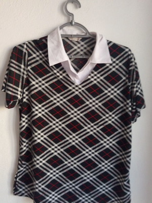 Women's Polo Shirt with Plaid Pattern and White Collar new