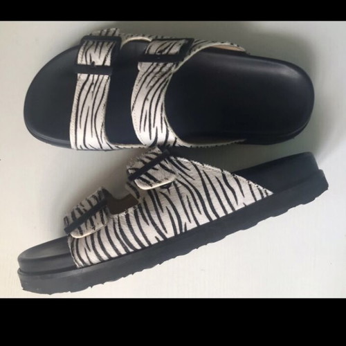 Ateneo Leather Flatform Sandals with Zebra Print, New, Size 38