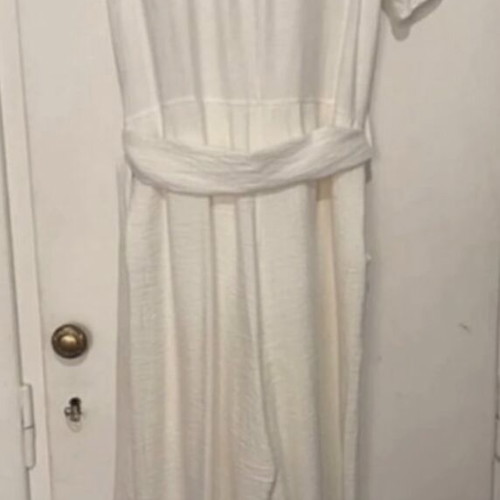 White linen one-piece with belt and straw buckle, new