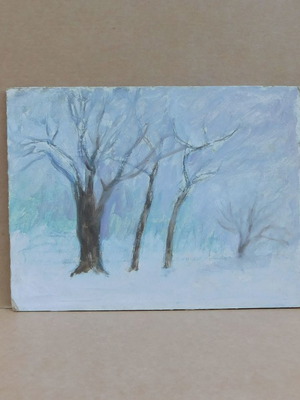 Small painting forest in winter painting on wood