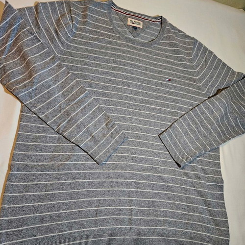 Hilfiger Denim men's grey striped sweater size L like new