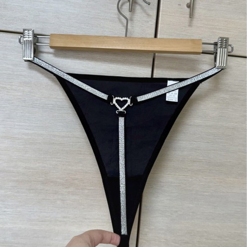 Intimissimi black satin t-string with silver rhinestone heart, brand new