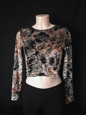 Cropped long-sleeve vintage top with velvet embossed texture like new