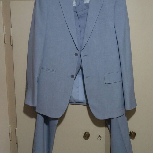 Suit gray and light blue like new, pants size 46 jacket 52