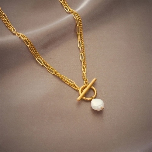 Double Stainless Steel Necklace with Baroque Pearl and 18K Gold Toggle Clasp new