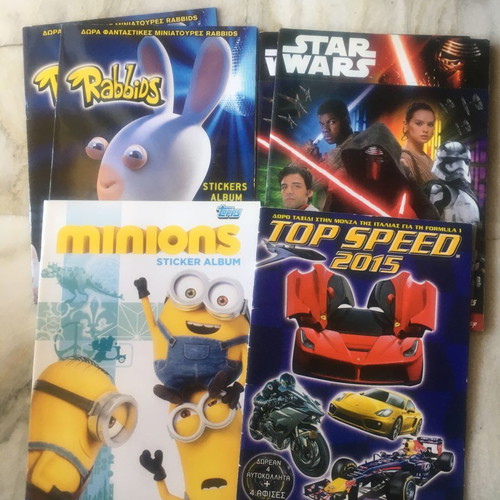 Sticker albums Top Speed, Minions, Star Wars, Rabbids new, pack of 6
