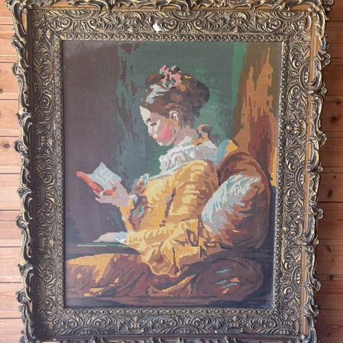 Embroidered antique textile painting used, framed 75x90cm