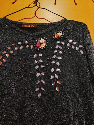 Long-sleeve semi-transparent blouse with embroidered designs like new, Small-Medium, black and pink