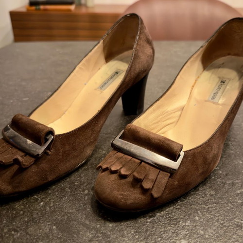 Kalogirou dark brown suede heeled loafers used with metal buckle and fringe size 38.5