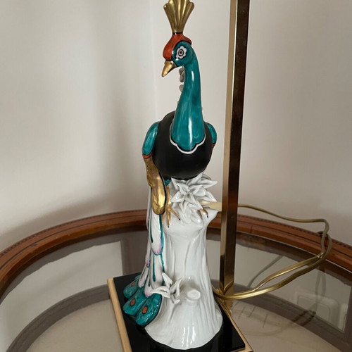 Table lamp made of painted porcelain in peacock shape like new
