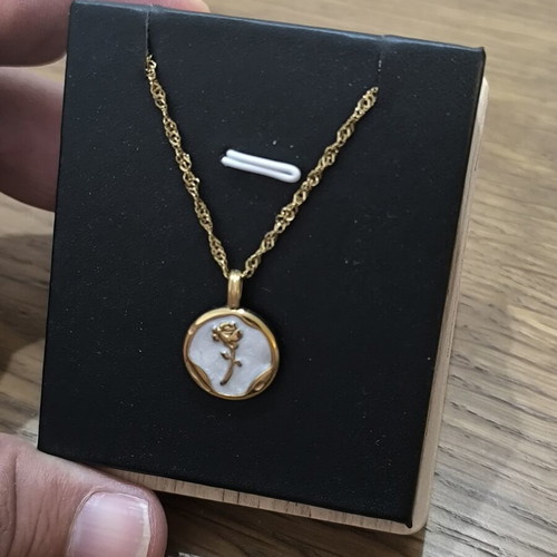 Necklace with Rose and White Pendant, Gold Color